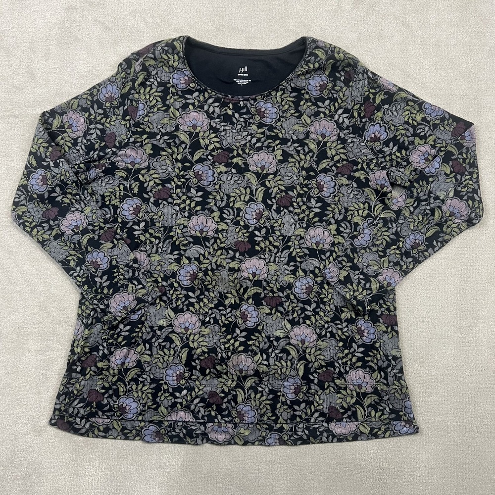 J. Jill T-Shirt Womens Large Black Floral Perfect Pima High-Low Long-Sleeve Tee